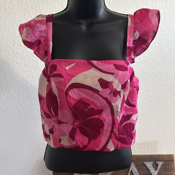 Crystal Sky Tops - Crystal Sky Floral Puff Sleeve Crop Top - Size L - New Without Tags